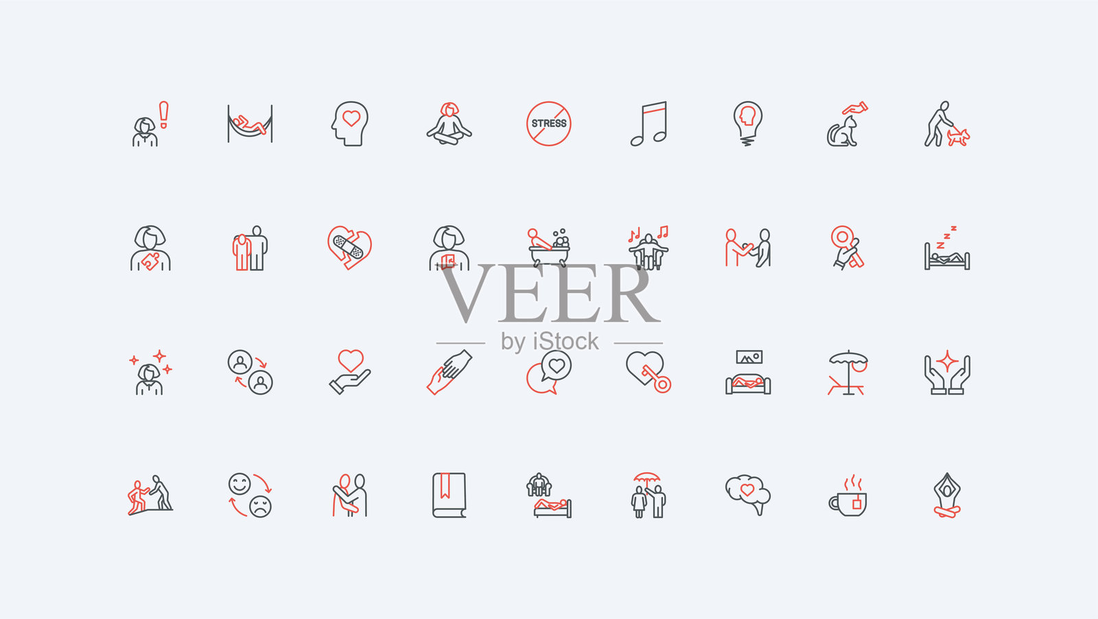 压力、自助、心理治疗和健康的支持线图标集插画图片素材