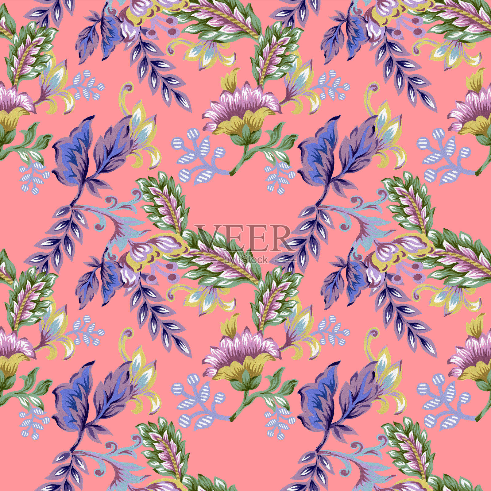 无缝图案，包含抽象幻想花卉和叶子，佩斯利或达马斯克雅各宾风格，水彩和丙烯颜料插画图片素材