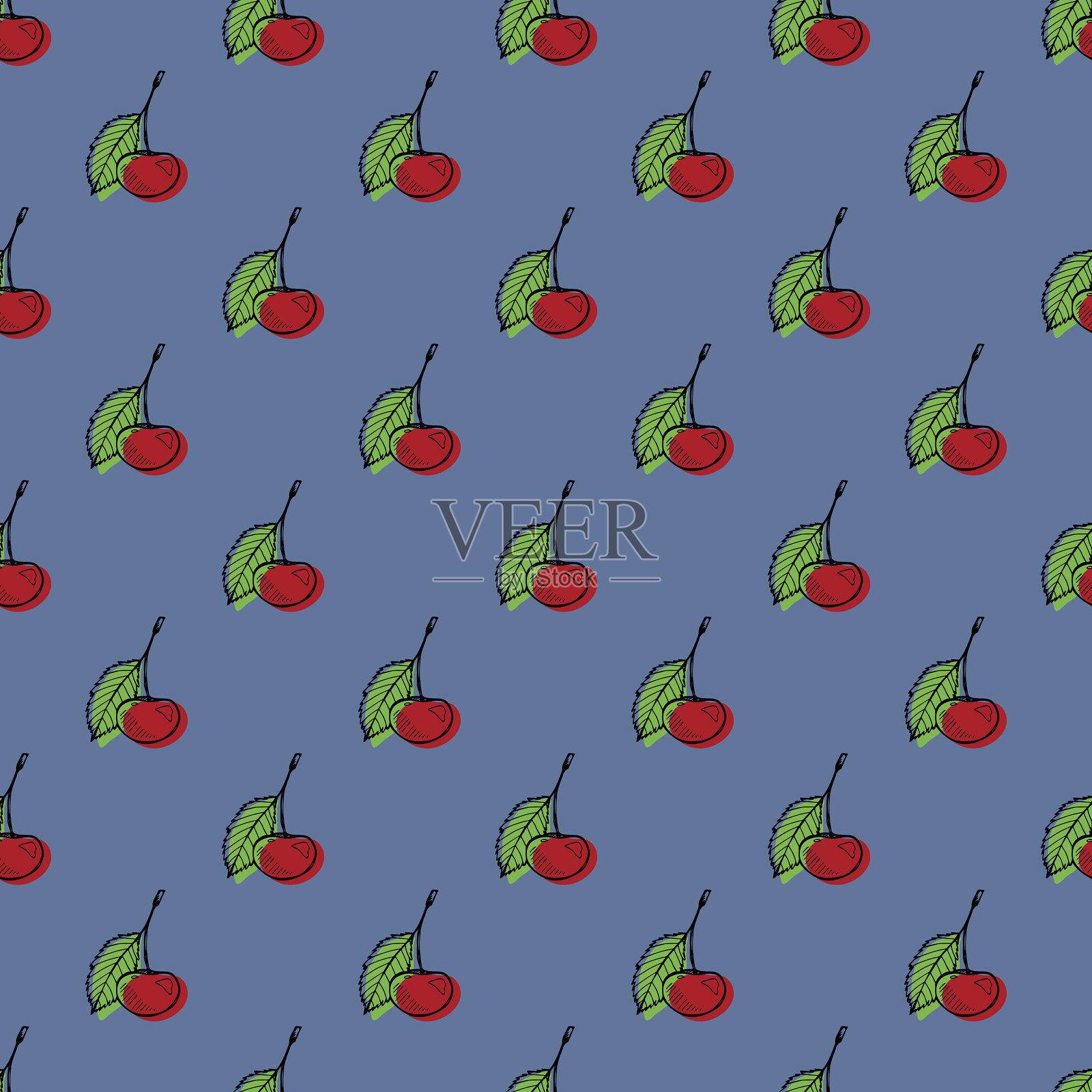 樱桃涂鸦的无缝图案，适用于装饰印刷、包装纸、贺卡、墙纸和面料插画图片素材