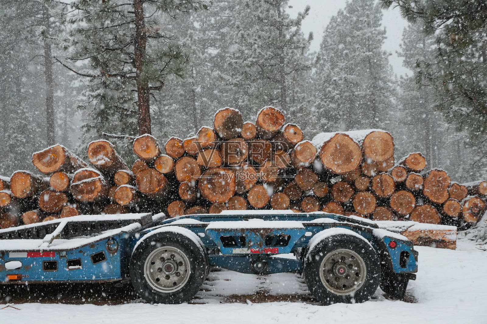 冬季条件下停在木材堆场前的伐木卡车照片摄影图片