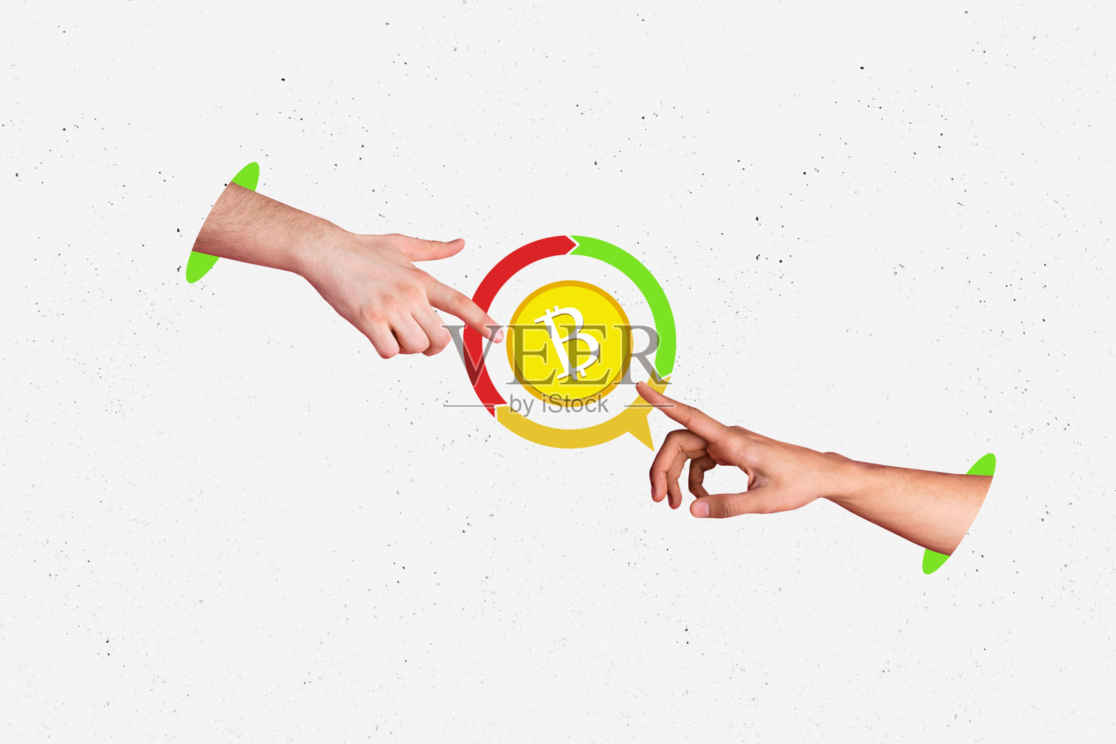 创意图片：手和身体的碎片相互接触，象征着比特币交易、虚拟货币、商业投资者之间的连接。照片摄影图片