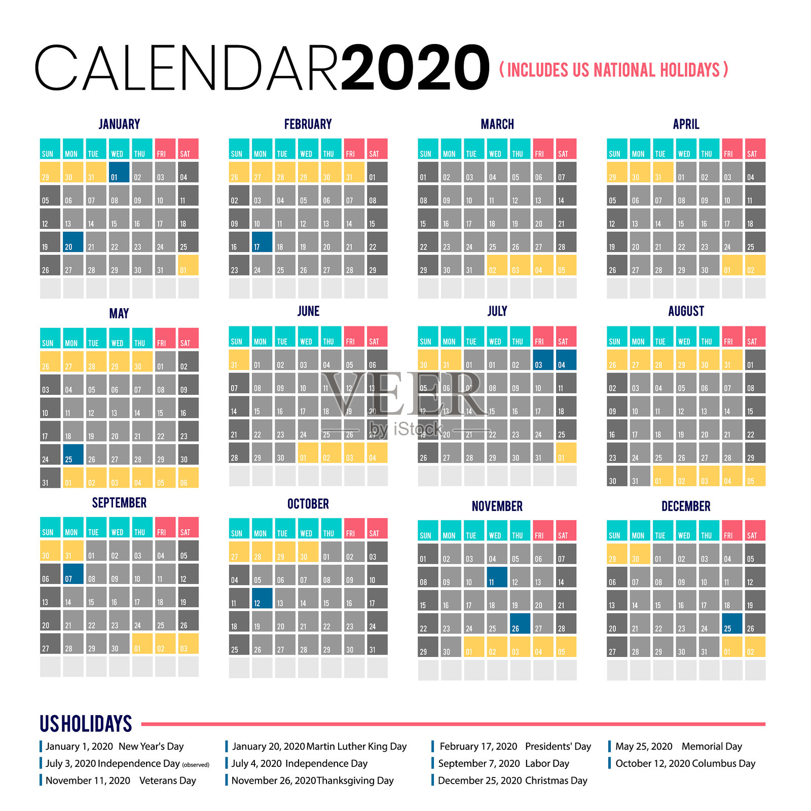 日历2020包括美国假期设计模板素材