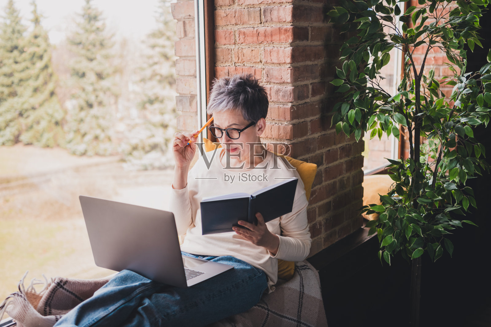 迷人的老年女性在家中享受闲暇时光，坐在窗边，手边有笔记本电脑和书籍。照片摄影图片