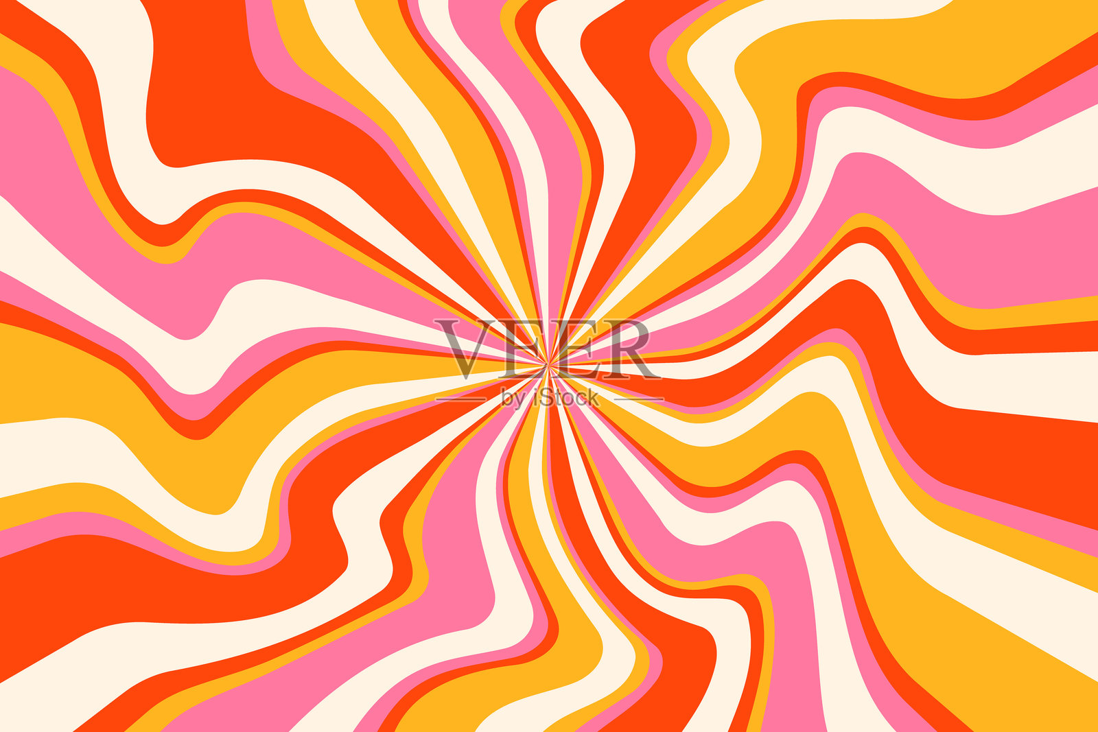 复古迷幻的螺旋背景。矢量旋涡阳光爆发图案。波浪状的放射状阳光射线背景。草莓粉和橙色的迷幻条纹。70年代的时尚漩涡迪斯科风格插图。插画图片素材