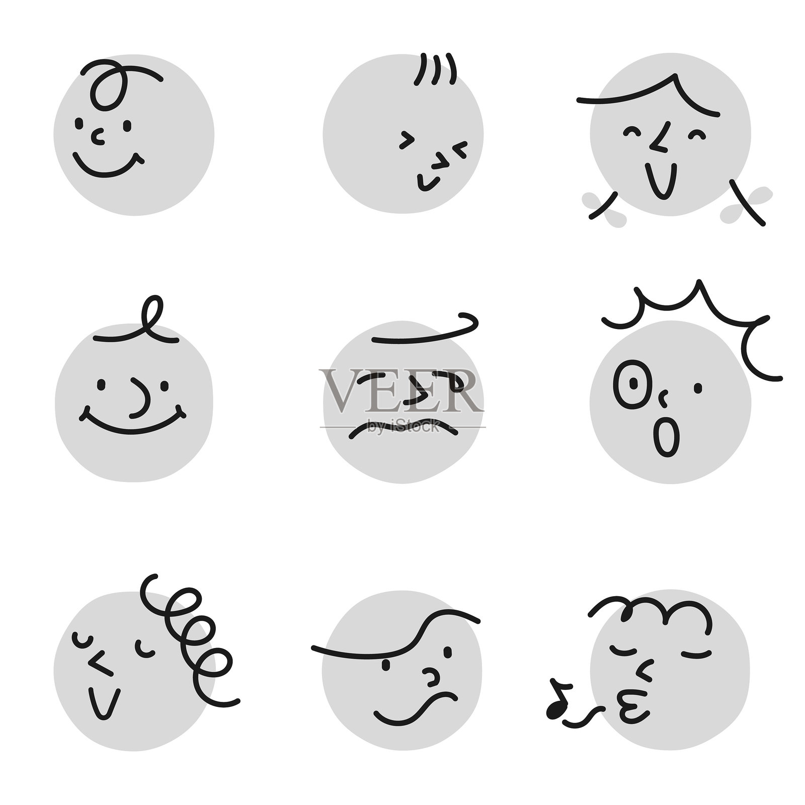 复古风格的矢量插图，展示了不同表情的抽象面孔在单色圆圈上。插画图片素材