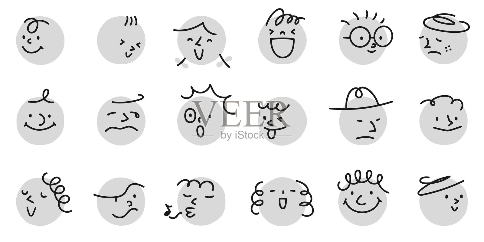 复古风格的矢量插图，展示了不同表情的抽象面孔在单色圆圈上。插画图片素材