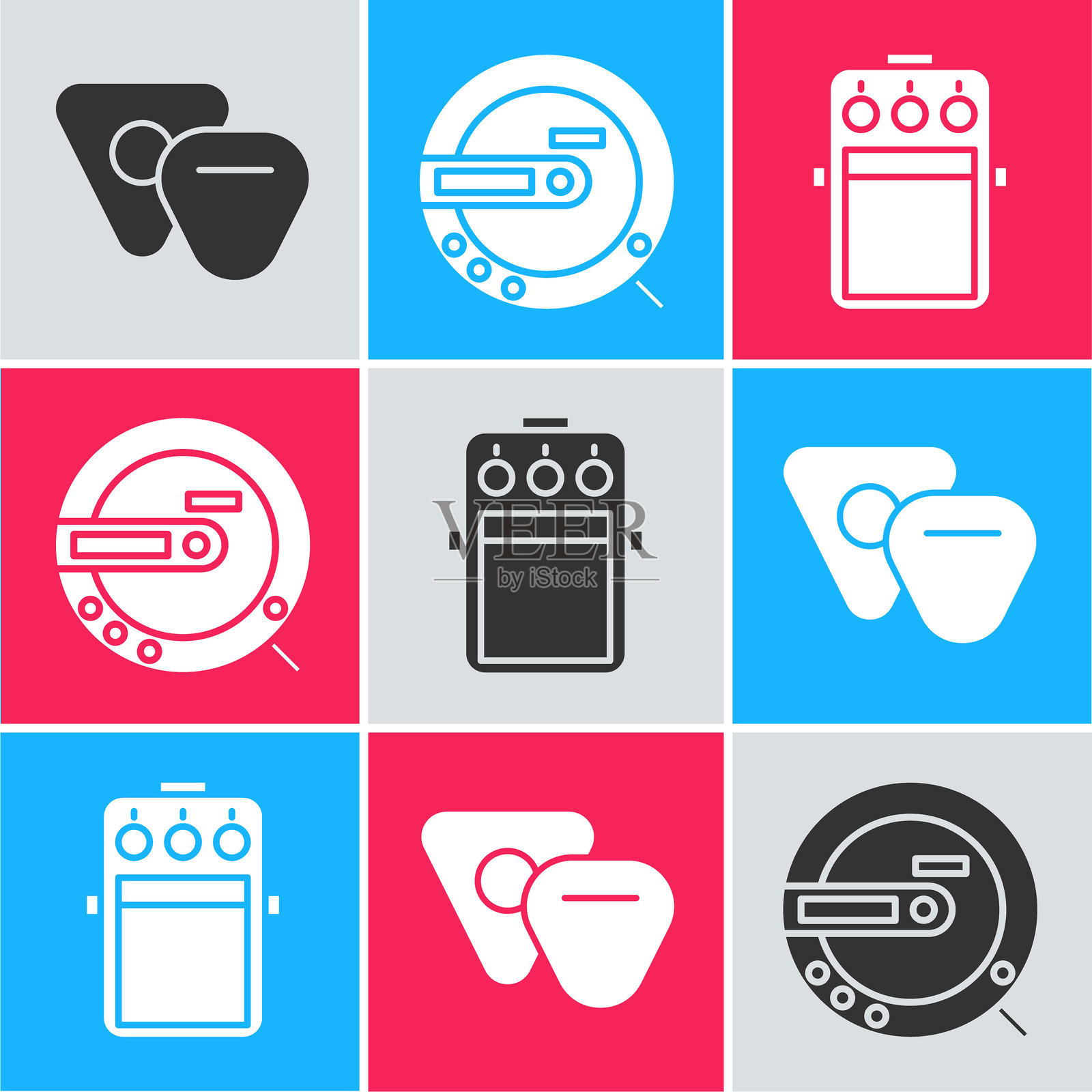 吉他拨片、音乐CD播放器和吉他效果器图标。矢量图。插画图片素材