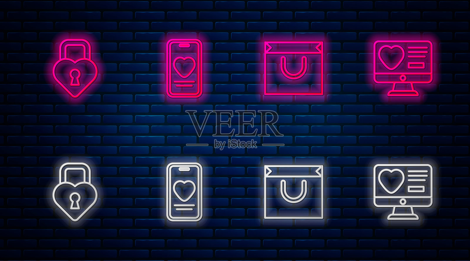 在线约会应用和聊天，购物袋，心形城堡和在线约会。砖墙上的发光霓虹图标。矢量图。插画图片素材