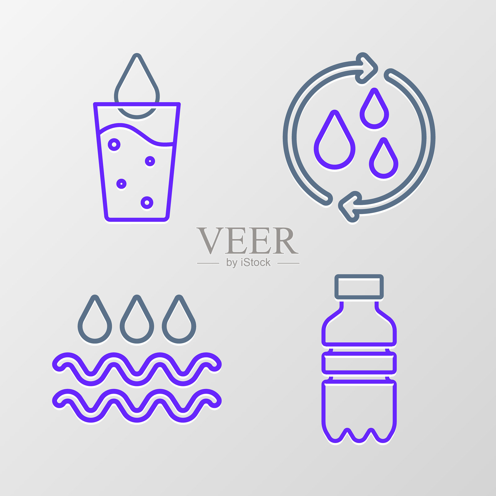 设置线条水瓶、带水滴的波浪、回收干净水和玻璃图标。矢量图。插画图片素材