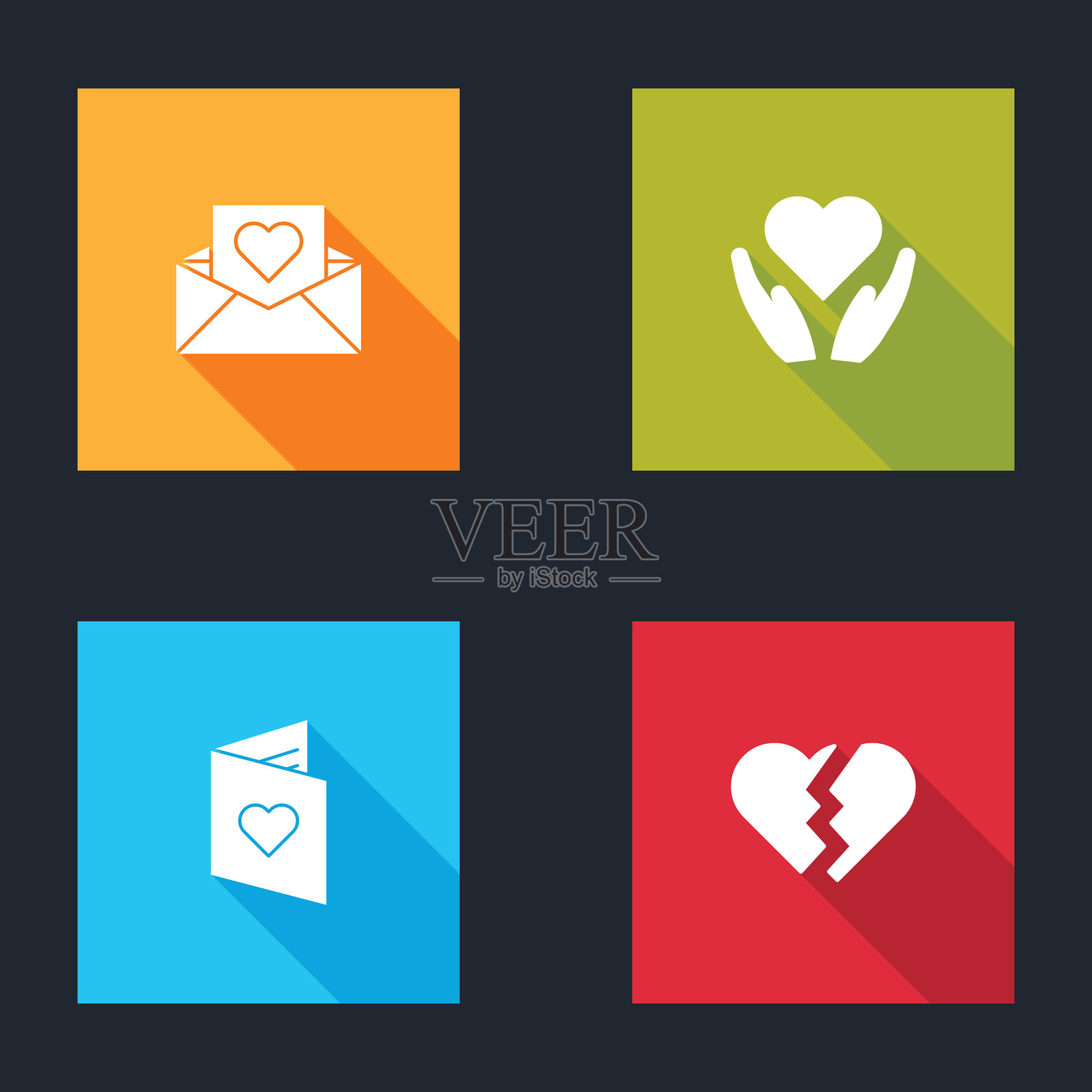 情人节心形信封、心形手、情人节宣传单和破碎图标。矢量图。插画图片素材