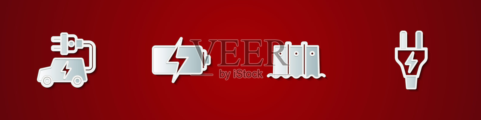 电动汽车、电池、水电大坝和插头图标。矢量图。插画图片素材