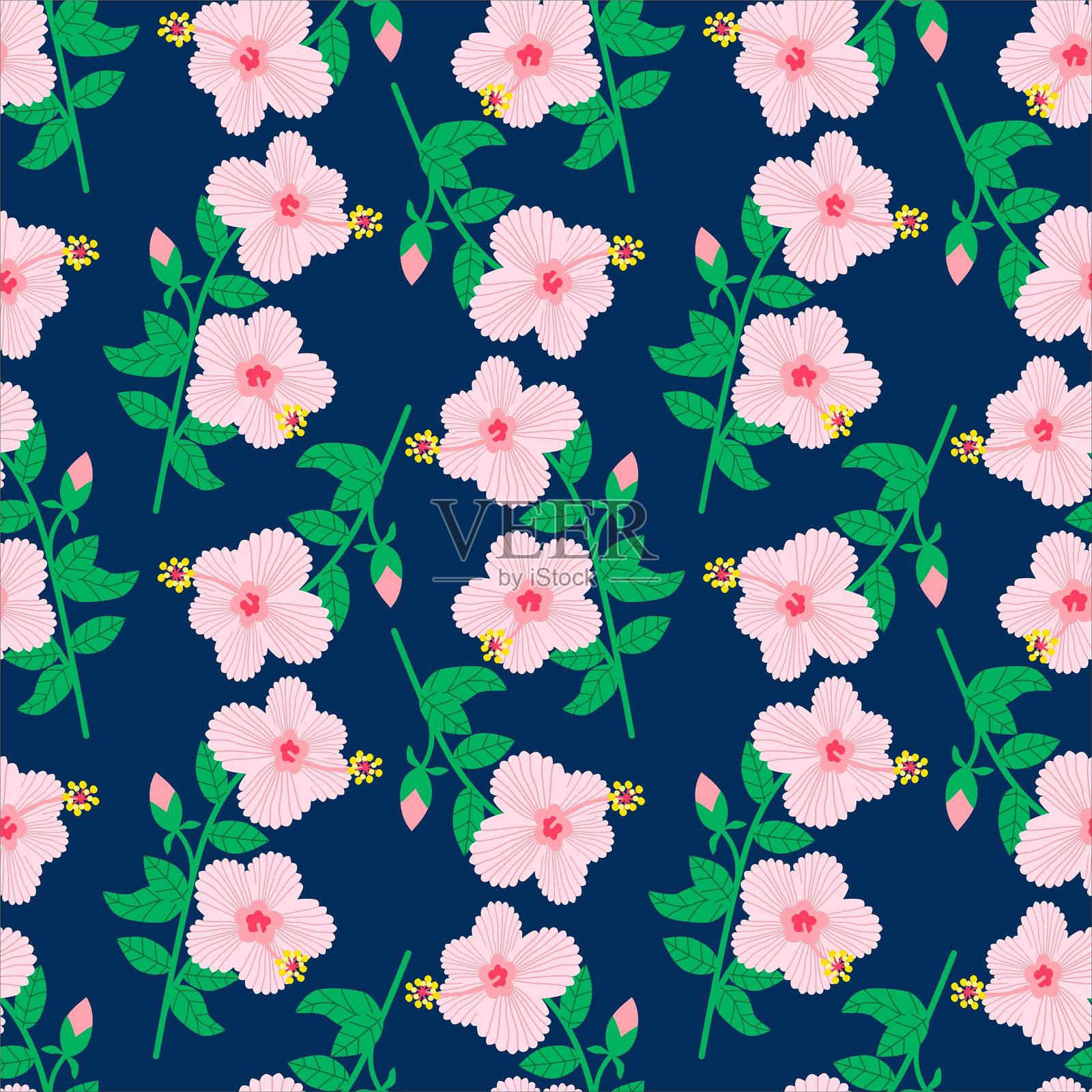 无缝热带图案，包含各种木槿花和叶子。插画图片素材