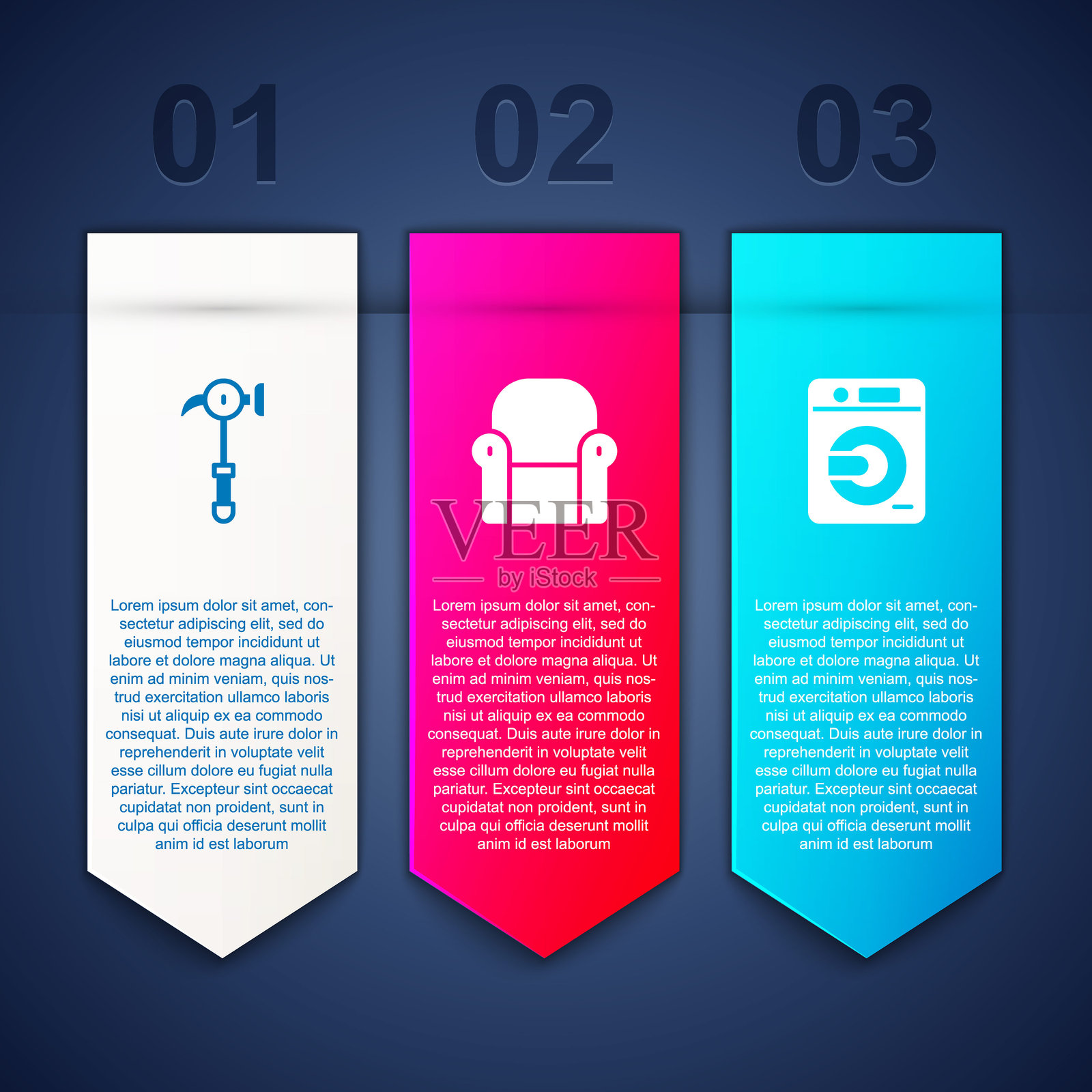 锤子、扶手椅和洗衣机。商业信息图表模板。矢量图。插画图片素材