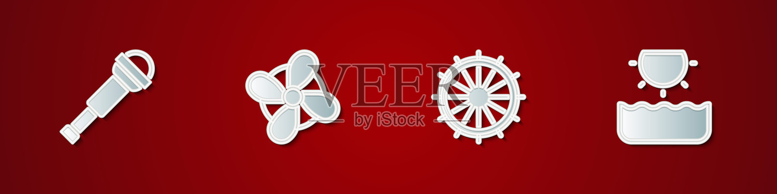 间谍望远镜镜头、船舶螺旋桨、船舵和太阳图标。矢量图。插画图片素材