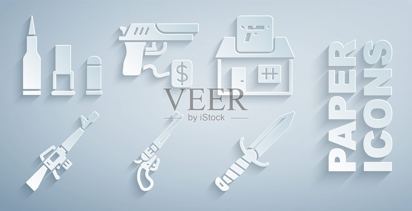 左轮手枪，狩猎商店武器，M16A1步枪，军用刀，购买手枪和子弹图标。矢量图。插画图片素材