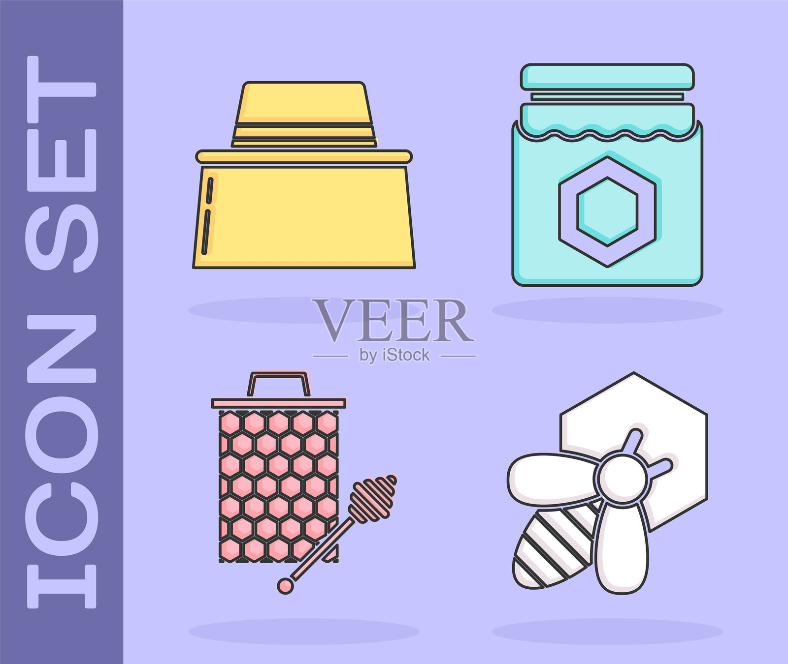 蜜蜂与蜂巢，戴保护帽的养蜂人，带蜜勺的蜂巢图标和蜂蜜罐图标。矢量图。插画图片素材