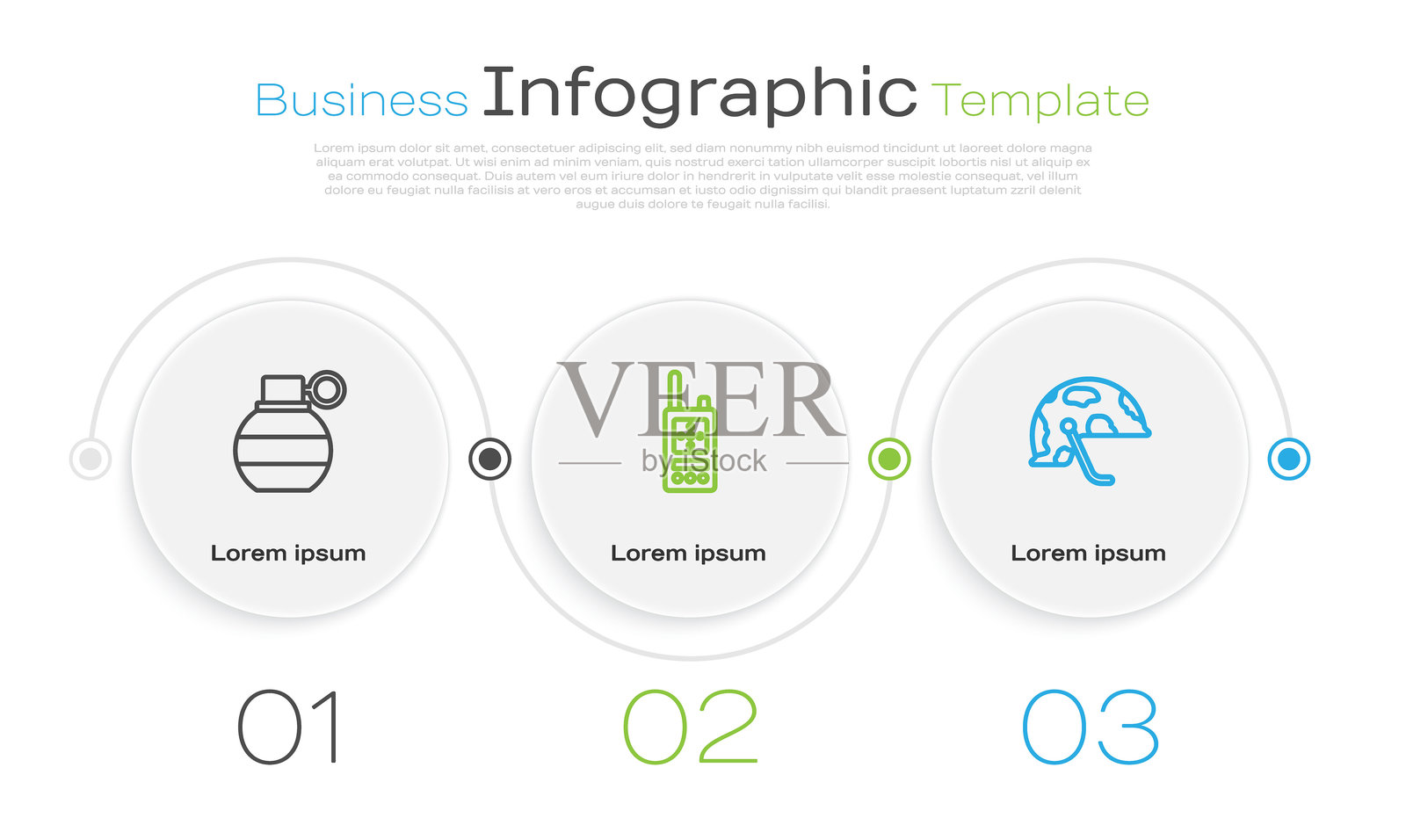 手榴弹、对讲机和军用头盔的图标。商业信息图表模板。矢量图。插画图片素材
