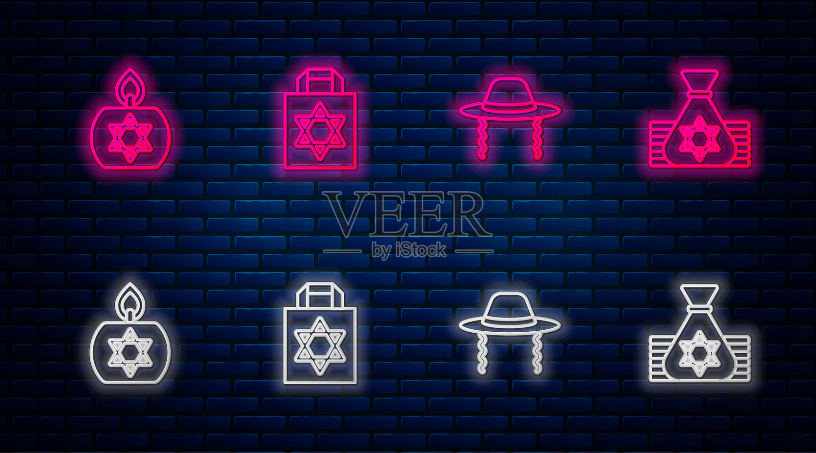 购物袋上有大卫星、正统犹太帽、燃烧的蜡烛和犹太钱币。砖墙上的发光霓虹图标。矢量图。插画图片素材