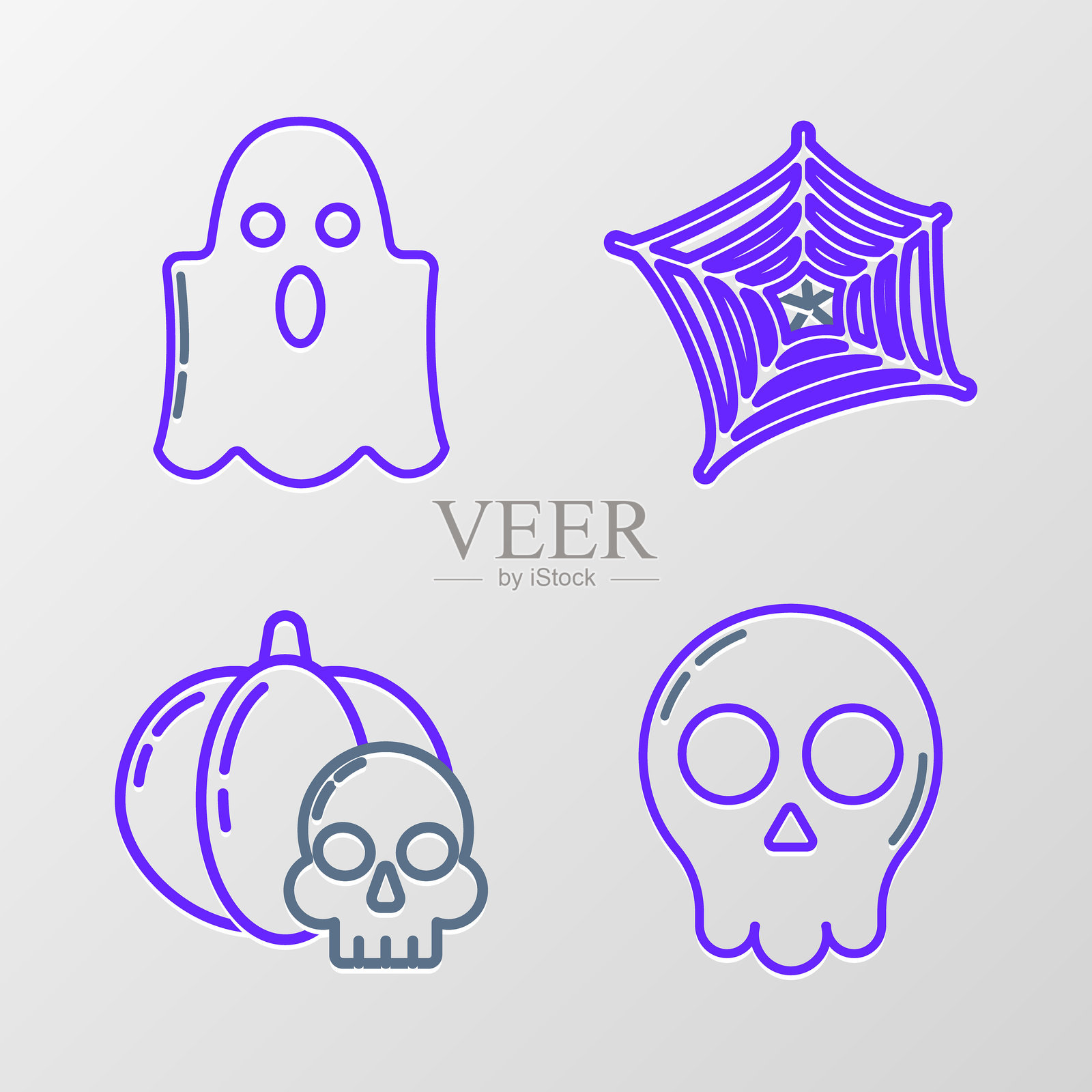 骷髅、南瓜和骷髅、蜘蛛网和鬼魂图标。矢量图。插画图片素材