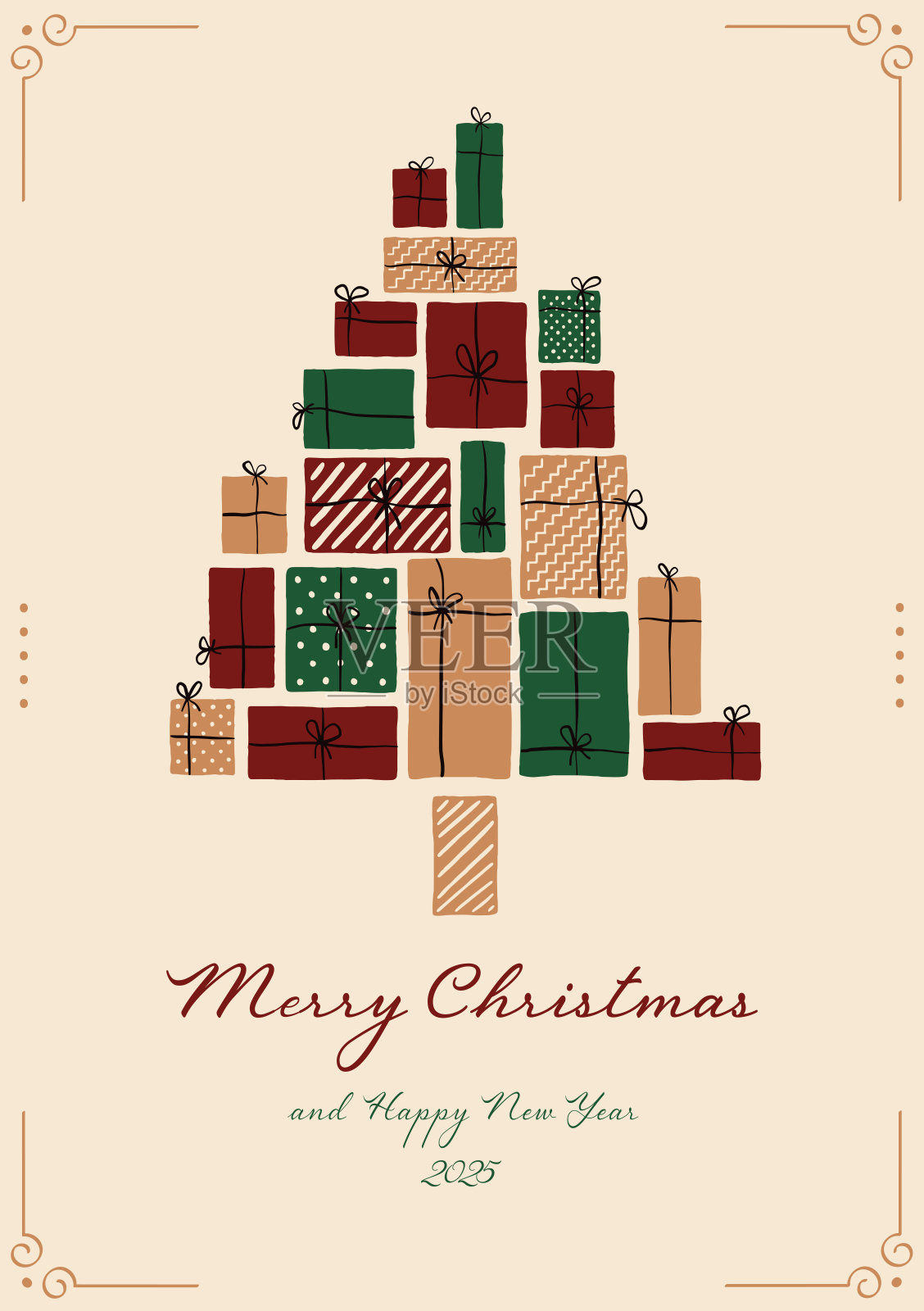 圣诞树由圣诞老人的礼物组成，降临节背景，库存插图，竖版横幅，简约假日圣诞设计卡片，冬季场景，带有节日排版的季节性贺卡模板插画图片素材