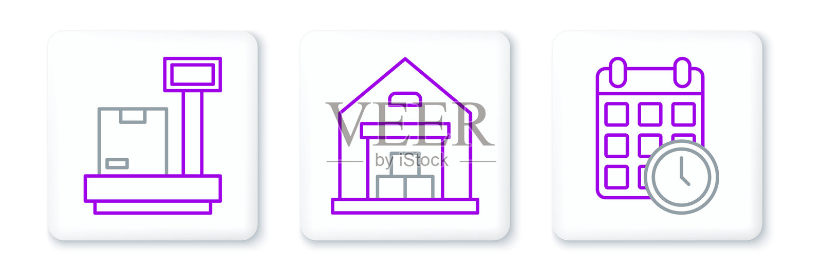 带日历的纸箱、比例尺纸板和仓库图标。矢量图。插画图片素材