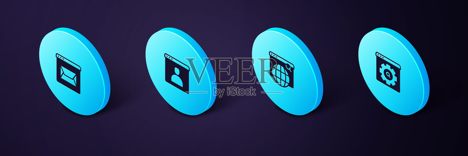 等距浏览器设置、搜索引擎、创建账户界面以及网站和邮件图标。矢量图。插画图片素材