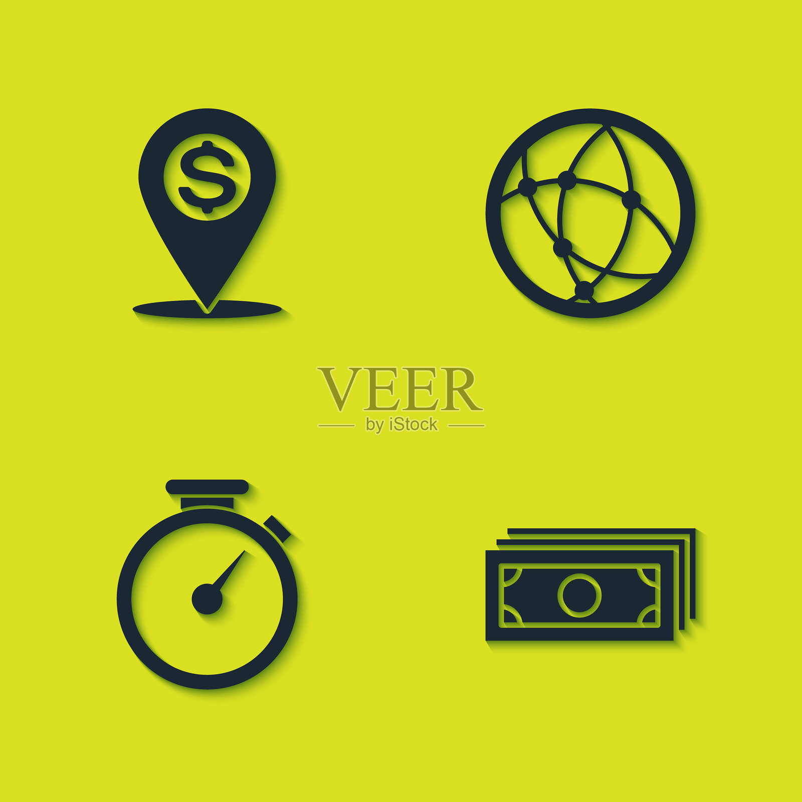 设置现金位置图钉，堆叠纸币现金，秒表和社交网络图标。矢量图。插画图片素材