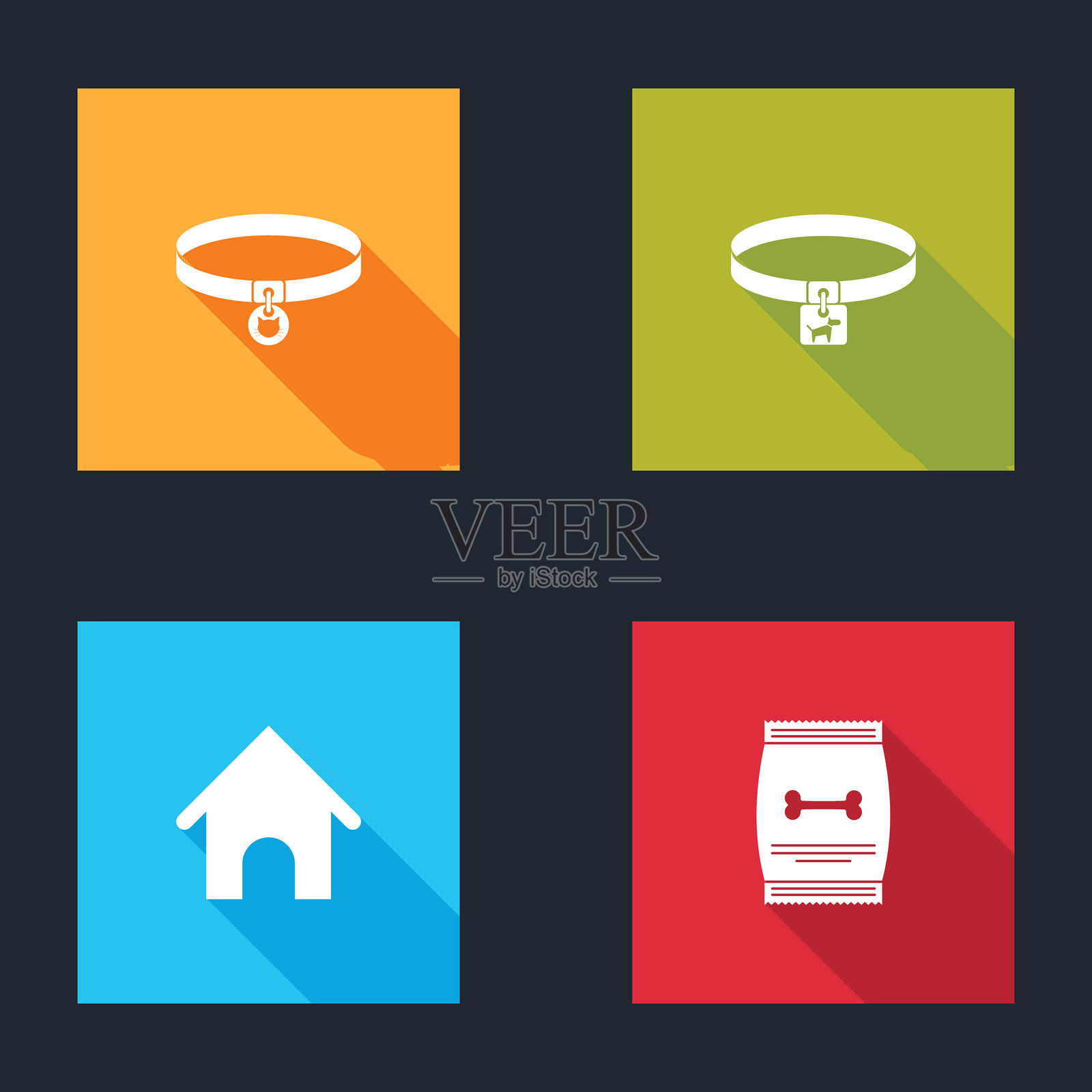 宠物图标：猫项圈、狗、房子和宠物食品袋。矢量图。插画图片素材