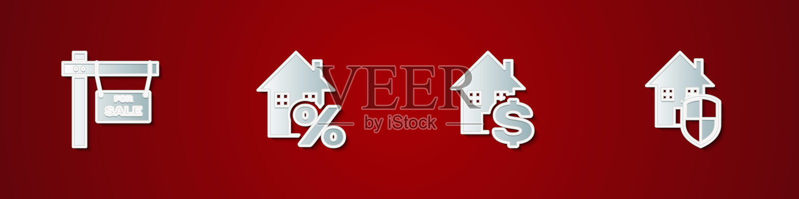 带有“待售”字样的悬挂标志，房屋百分比、美元和保护图标。矢量图。插画图片素材