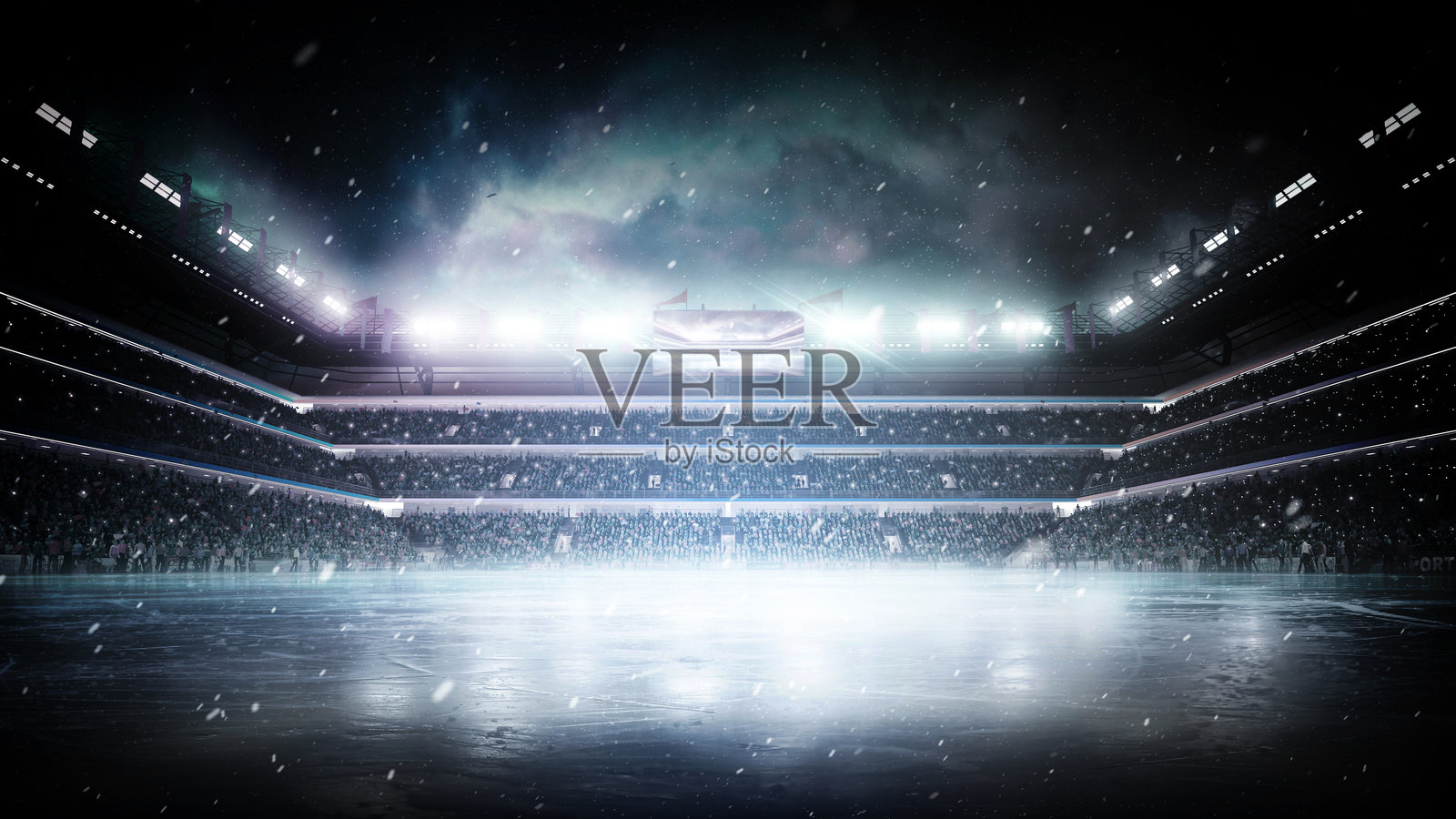 冰场背景。黑暗而美丽的空旷冬季背景和空冰场，灯光照耀。聚光灯照射在冰场上。夜间灯光与聚光灯。全景。照片摄影图片