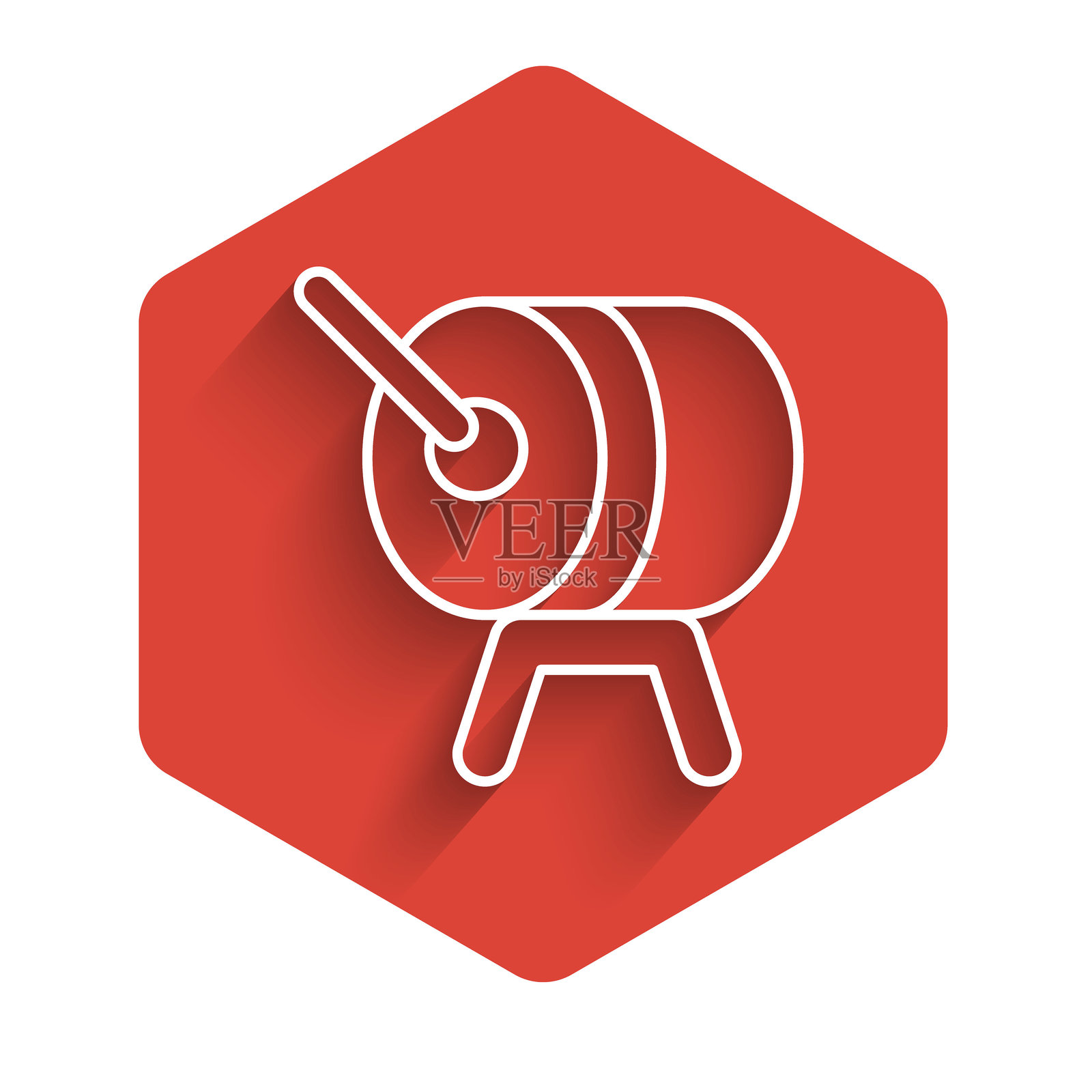 白色线条的斋月鼓图标，带有长阴影背景。红色六边形按钮。矢量图。插画图片素材