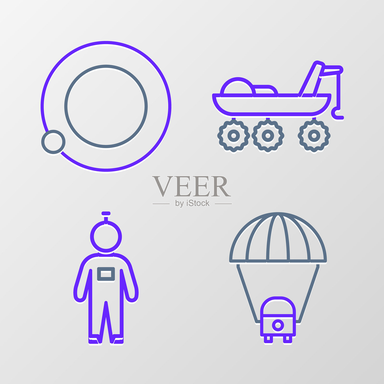 行星土星、宇航员、火星探测器和围绕地球轨道运行的卫星图标。矢量图。插画图片素材