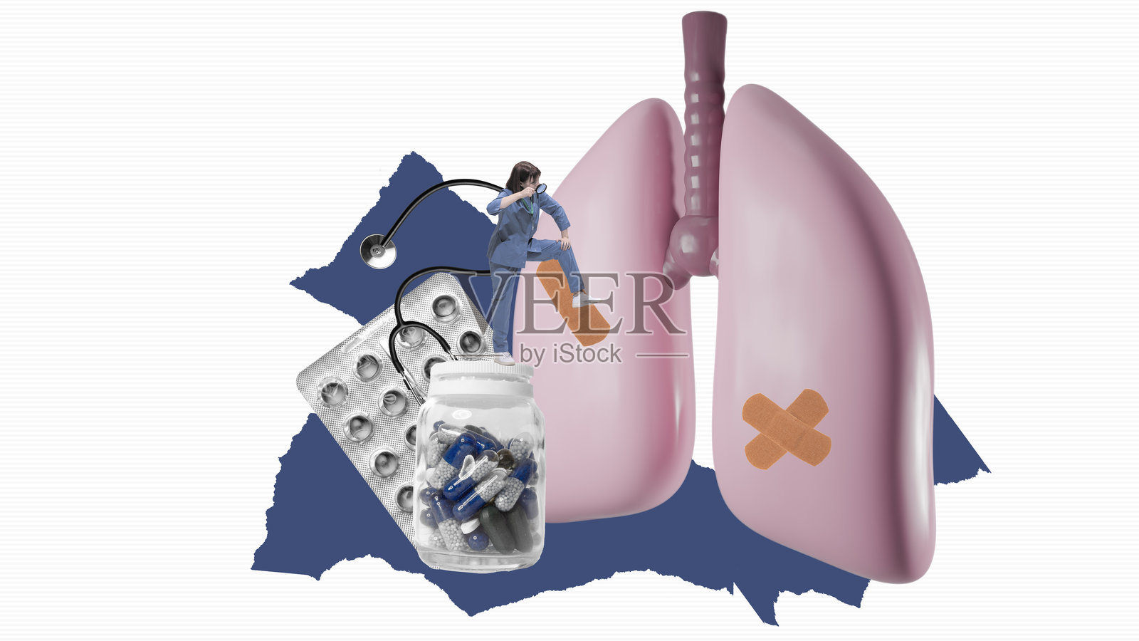 当代艺术拼贴。护士为3D肺部贴上绷带，旁边有药丸和听诊器，象征着肺部护理和康复。照片摄影图片
