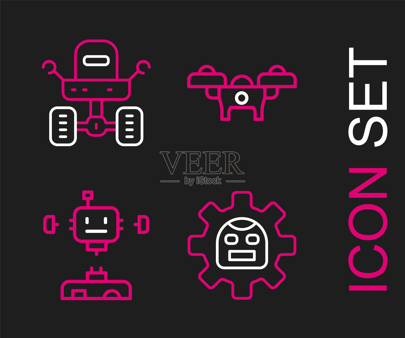 线条机器人，拆解的机器人，无人机和火星探测器图标。矢量图。插画图片素材