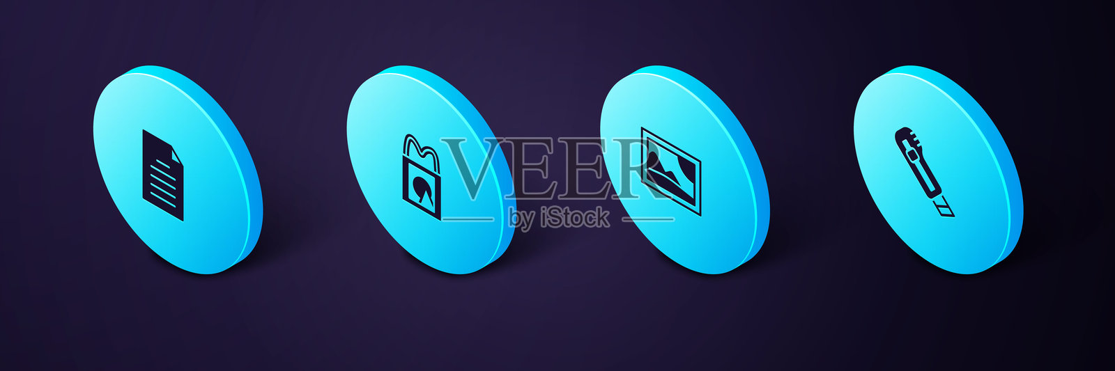 等距文具刀、图片风景、纸质购物袋和文件文档图标。矢量图。插画图片素材