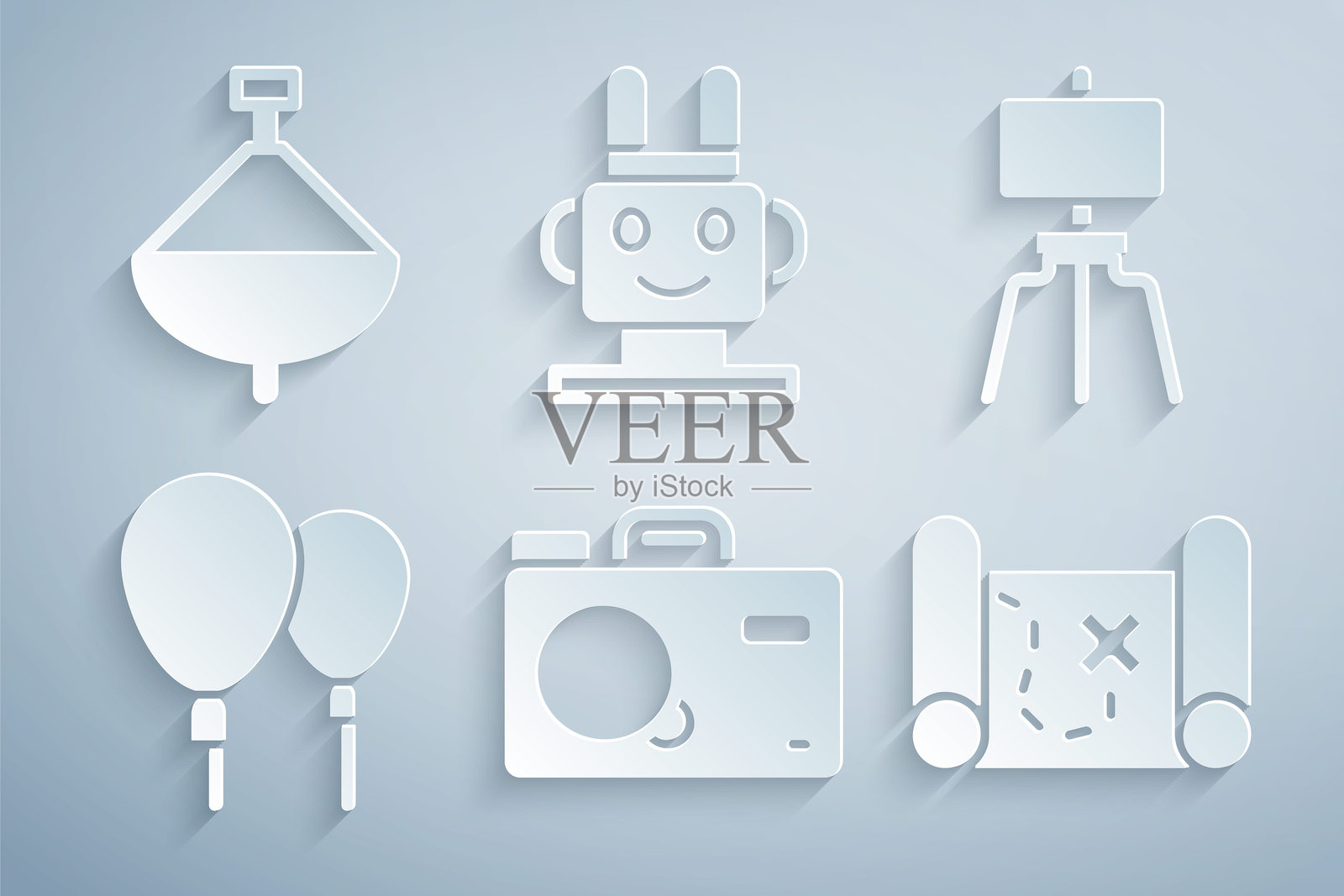 摄影机、木制画架、气球、海盗藏宝图、机器人玩具和旋转玩具图标。矢量图。插画图片素材