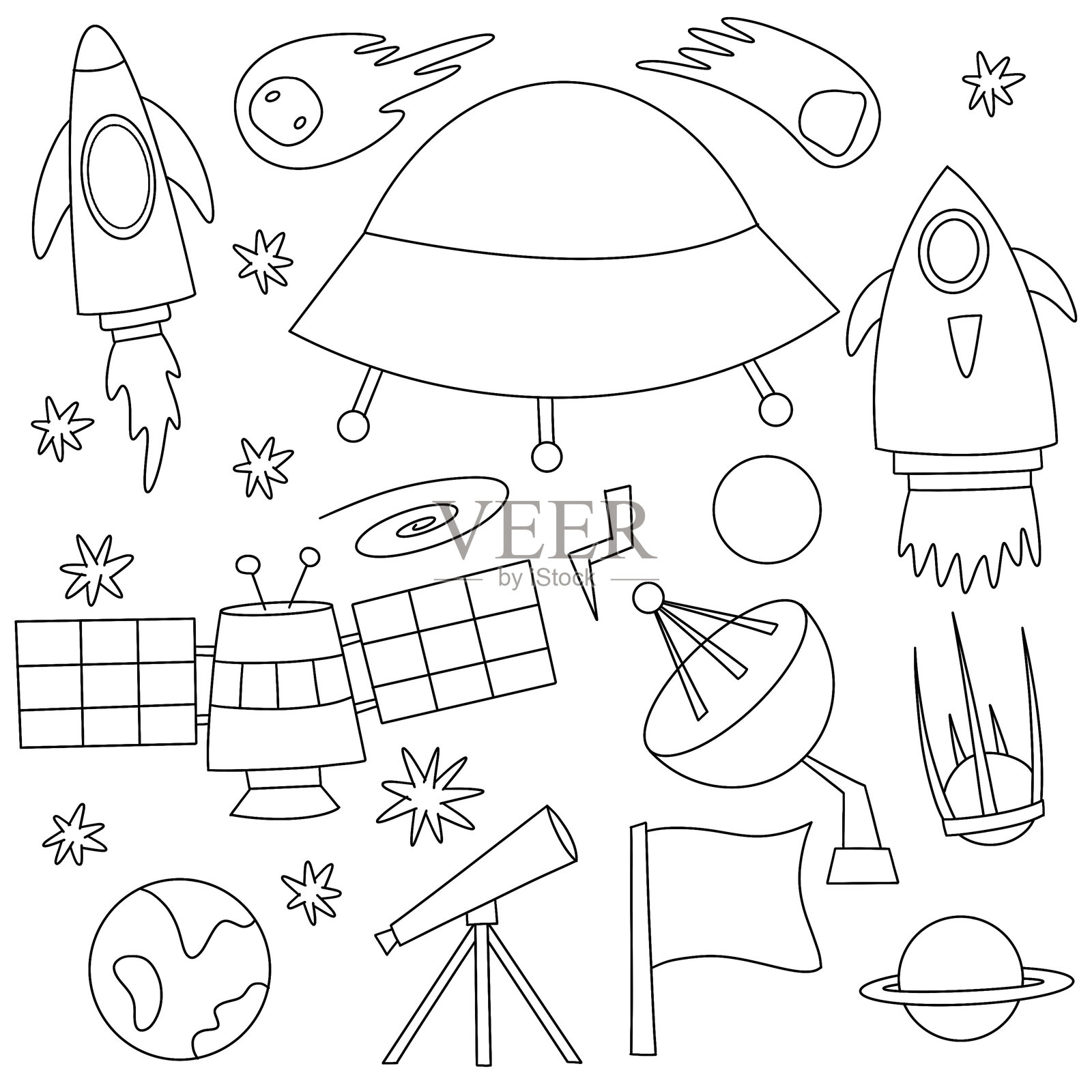 适合儿童和成人的大型涂色页。太空和太阳系。星星、外星人和彗星。插画图片素材