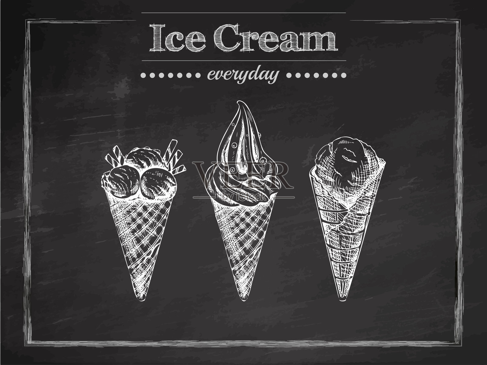 手绘复古冰淇淋蛋筒系列，背景为黑板风格插画图片素材