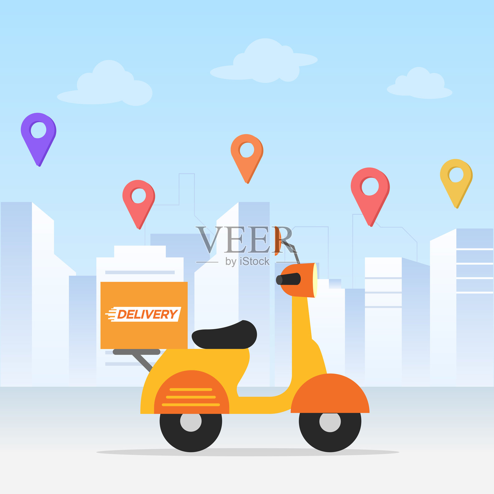 地图上的送货摩托车。在线应用程序追踪，城市背景。插画图片素材