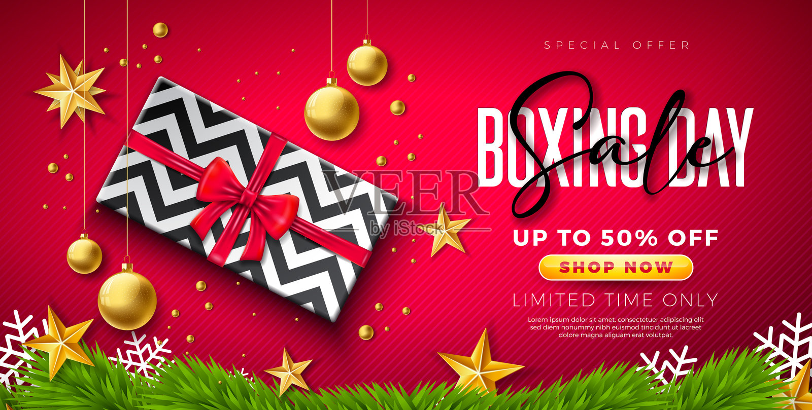 圣诞节后促销设计，包含礼品盒、金色装饰球和红色背景上的字母排版。适用于优惠券、代金券、横幅、传单、促销海报或贺卡的圣诞假日矢量商业插图。插画图片素材