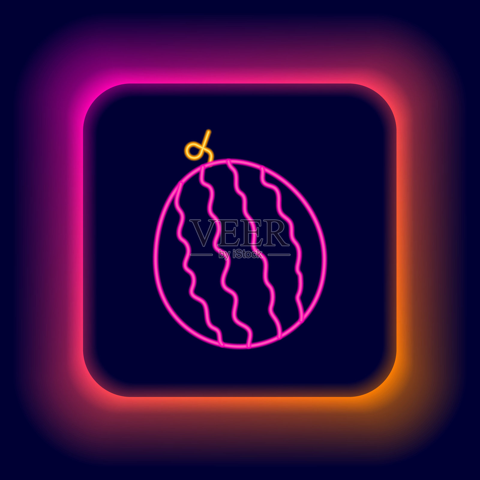 发光的霓虹线西瓜图标，背景为黑色。彩色轮廓概念。矢量图。插画图片素材