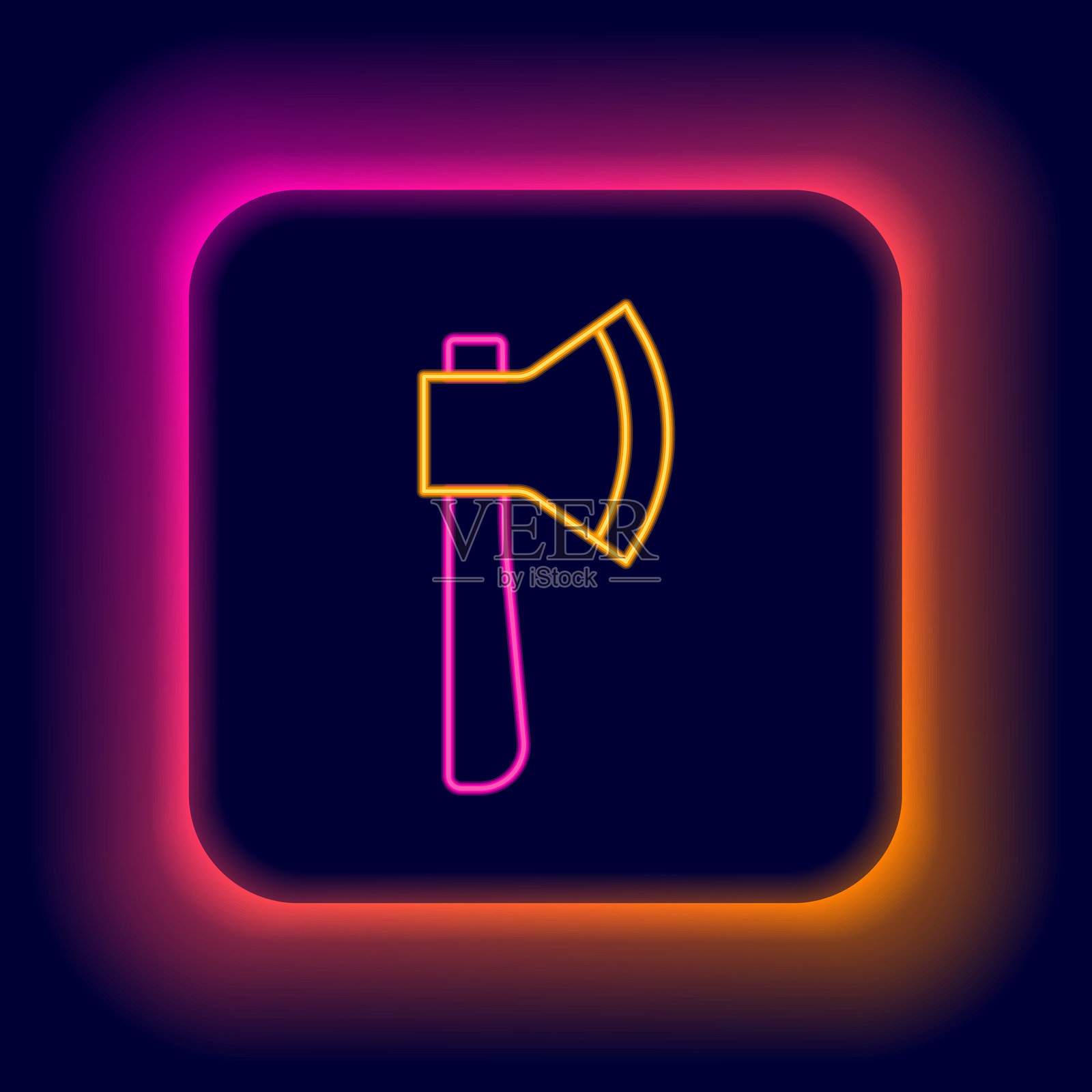 发光的霓虹线木斧图标，背景为黑色。伐木工斧头。彩色轮廓概念。矢量图。插画图片素材