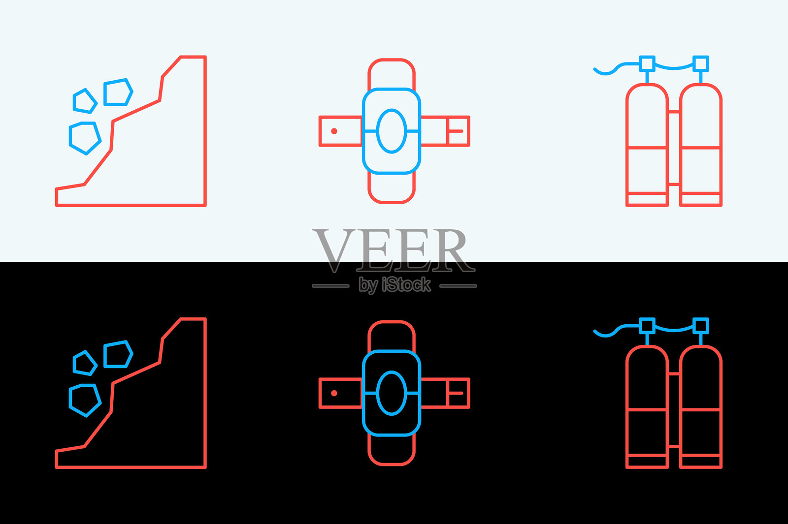 Aqualung、山崩和护膝图标。矢量图。插画图片素材