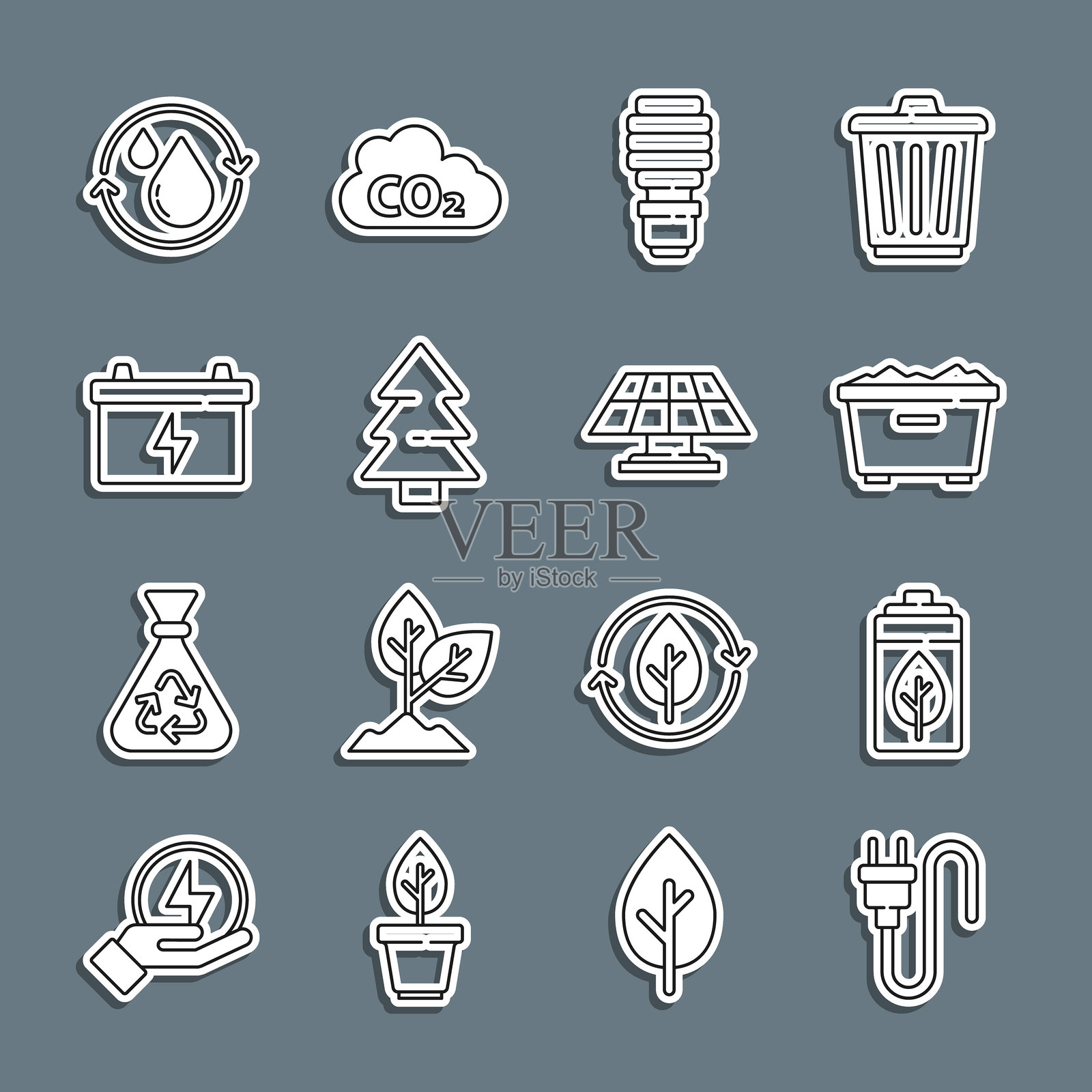 电插头、生态自然叶子与电池、垃圾桶、LED灯泡、圣诞树、汽车、清洁水循环与太阳能面板图标。矢量图。插画图片素材