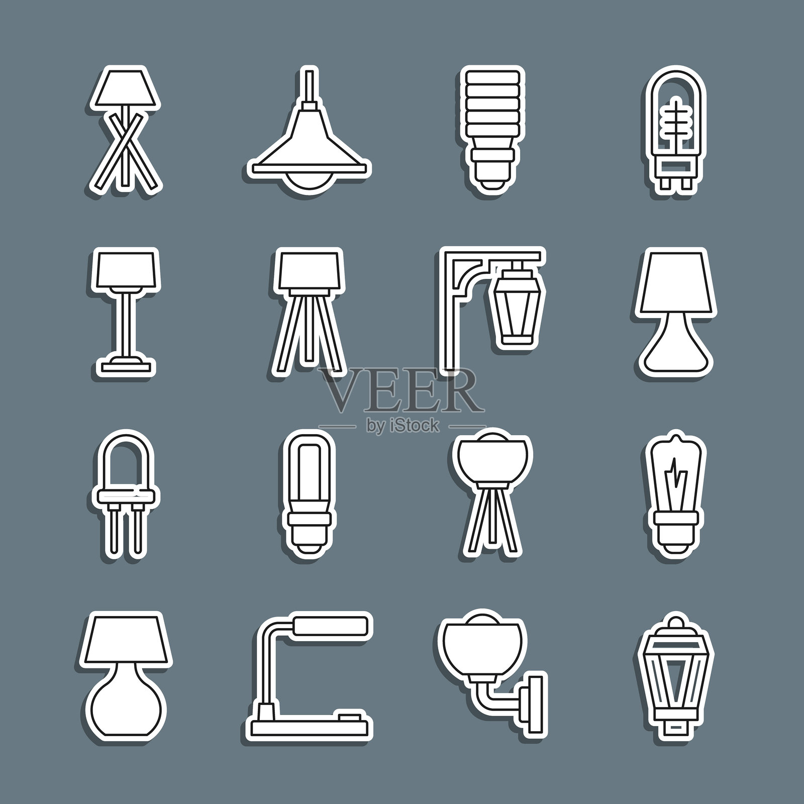 设置线条花园灯、灯泡、桌子、LED、地板和复古街道图标。矢量图。插画图片素材