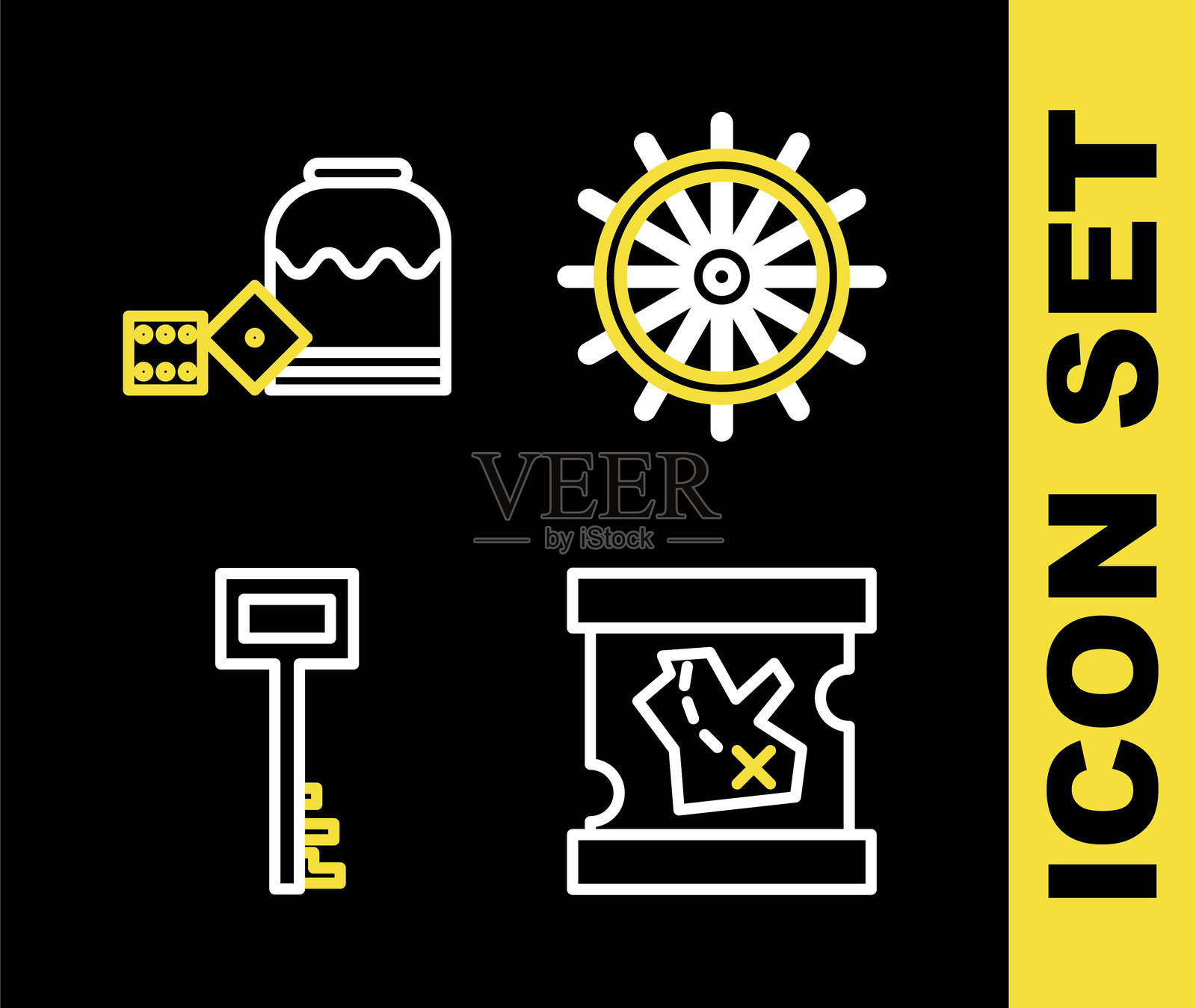 船舵、海盗藏宝图、钥匙和游戏骰子的图标。矢量图。插画图片素材