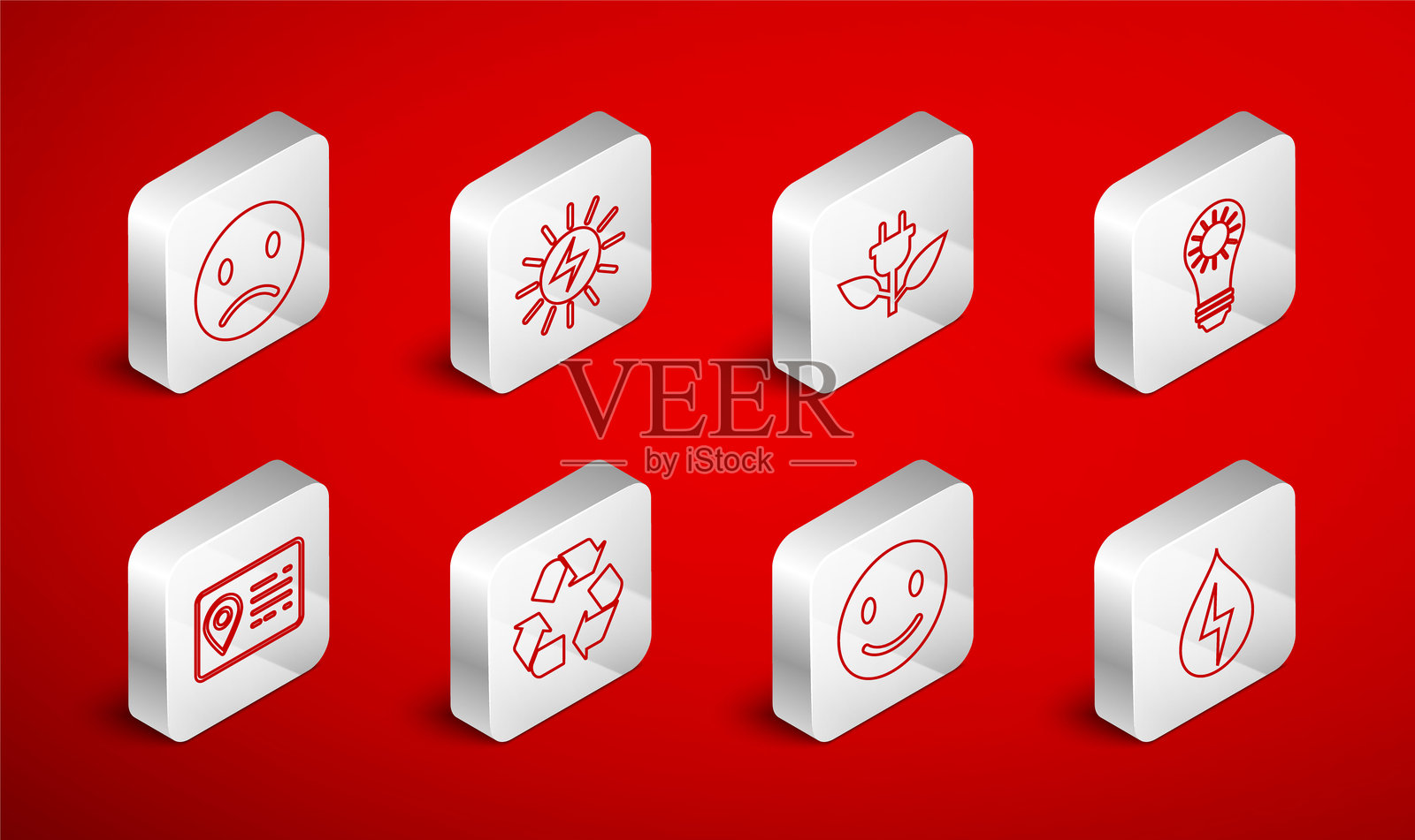 水能、太阳能电池板、电能节省插头、叶子、微笑脸、伤心微笑、回收标志和地址簿图标。矢量图。插画图片素材