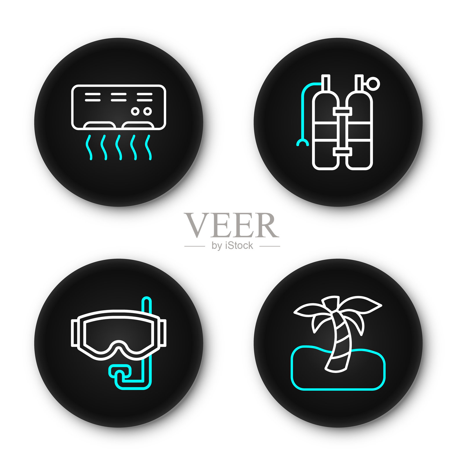 热带棕榈树、潜水面罩、氧气瓶和空调图标。矢量图。插画图片素材