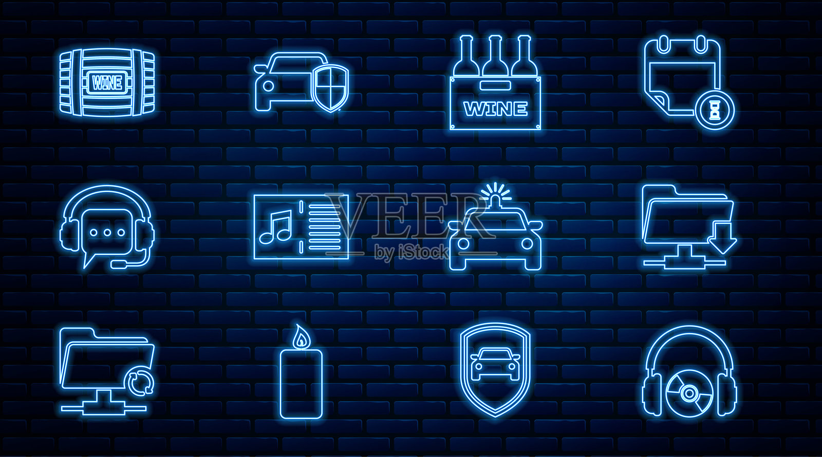 耳机与CD或DVD，FTP文件夹下载，装在盒子里的酒瓶，带有音符的乐谱，语音气泡，木桶，警车闪光灯和汽车保险图标。矢量图。插画图片素材