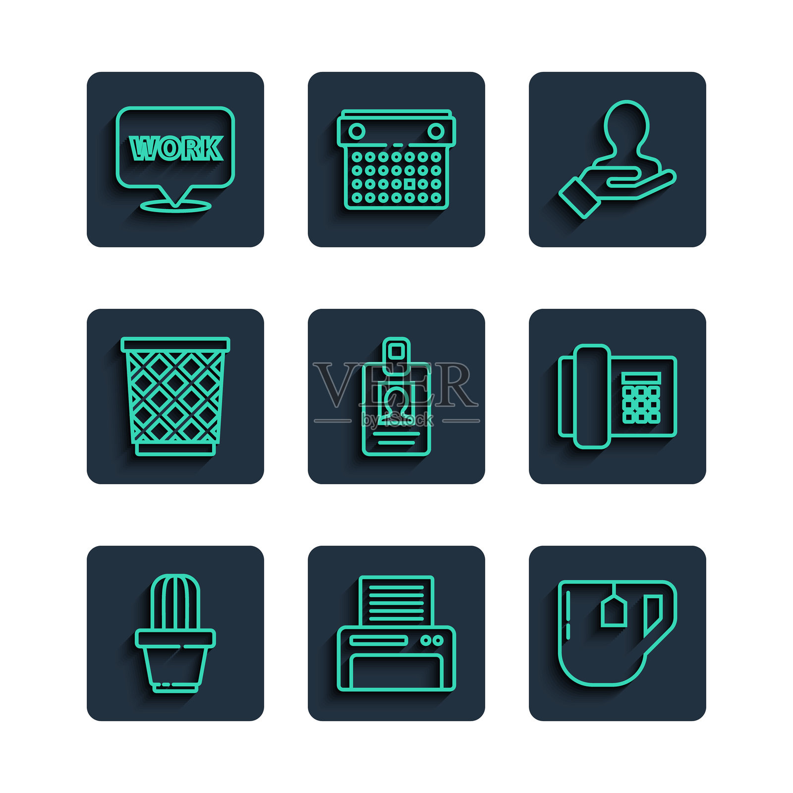 仙人掌和多肉植物在花盆里，打印机，茶杯和茶包，手部搜索人群，身份证，垃圾桶，位置文本工作和电话图标。矢量图。插画图片素材